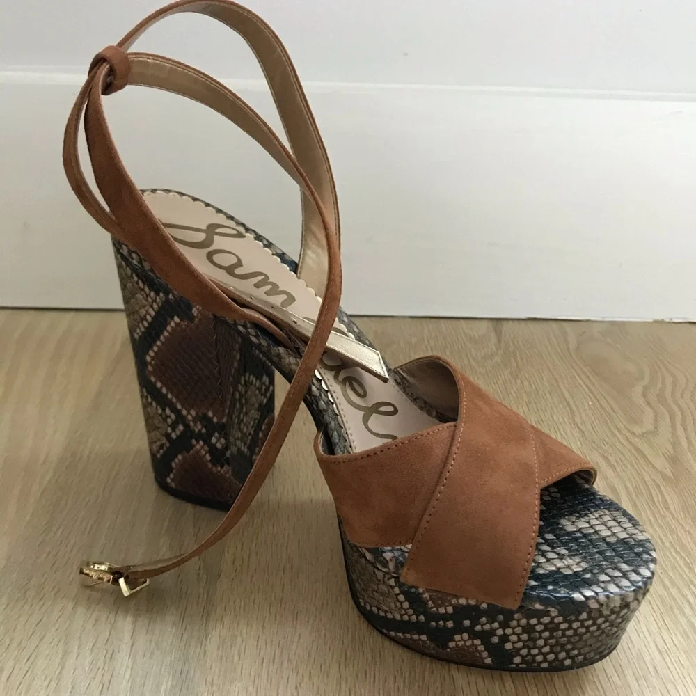 Sam Edelman Brown Suede Platform Sandals with Snakeskin Heel
